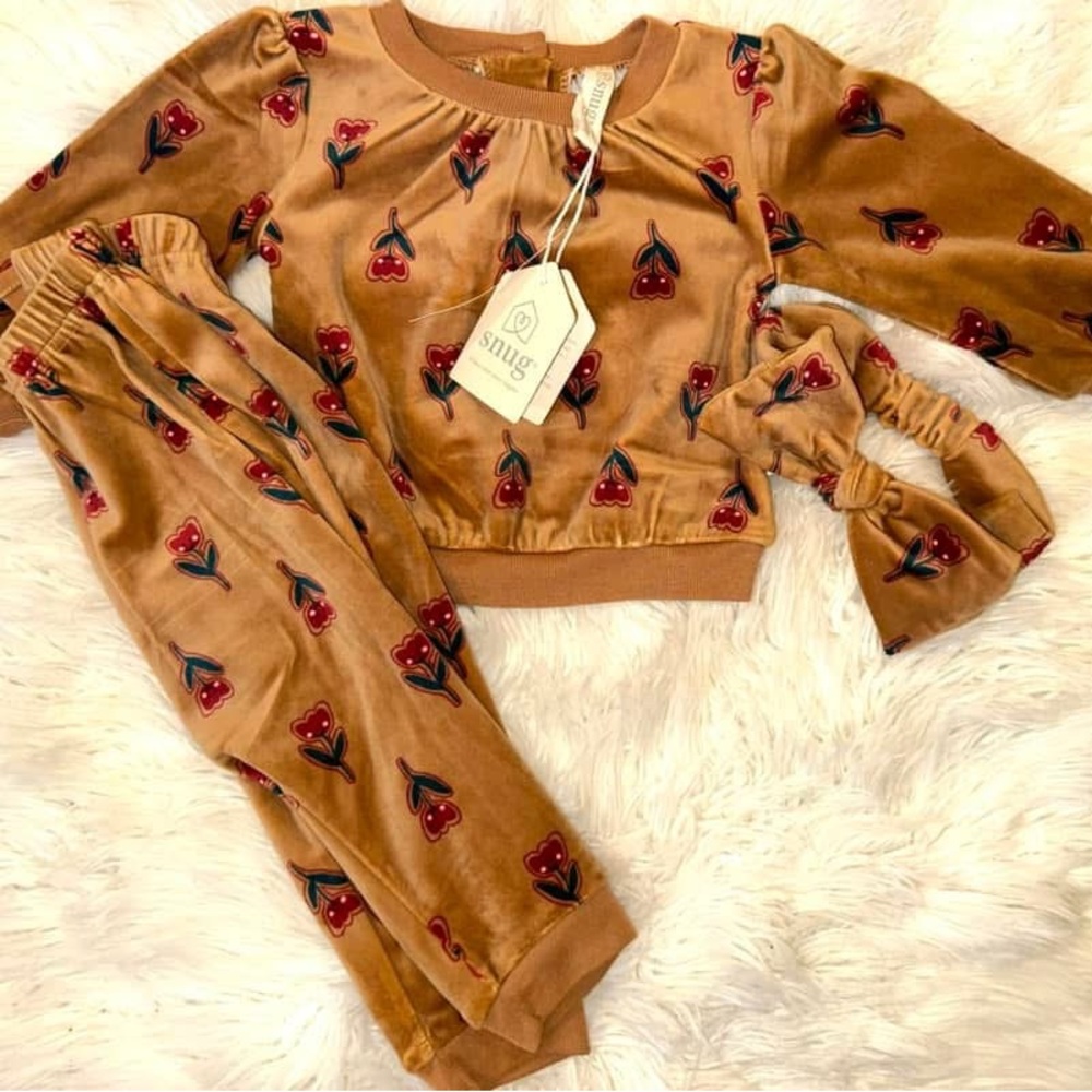 Snug Brown Floral Velvet Matching 3-Piece set 12M baby girl